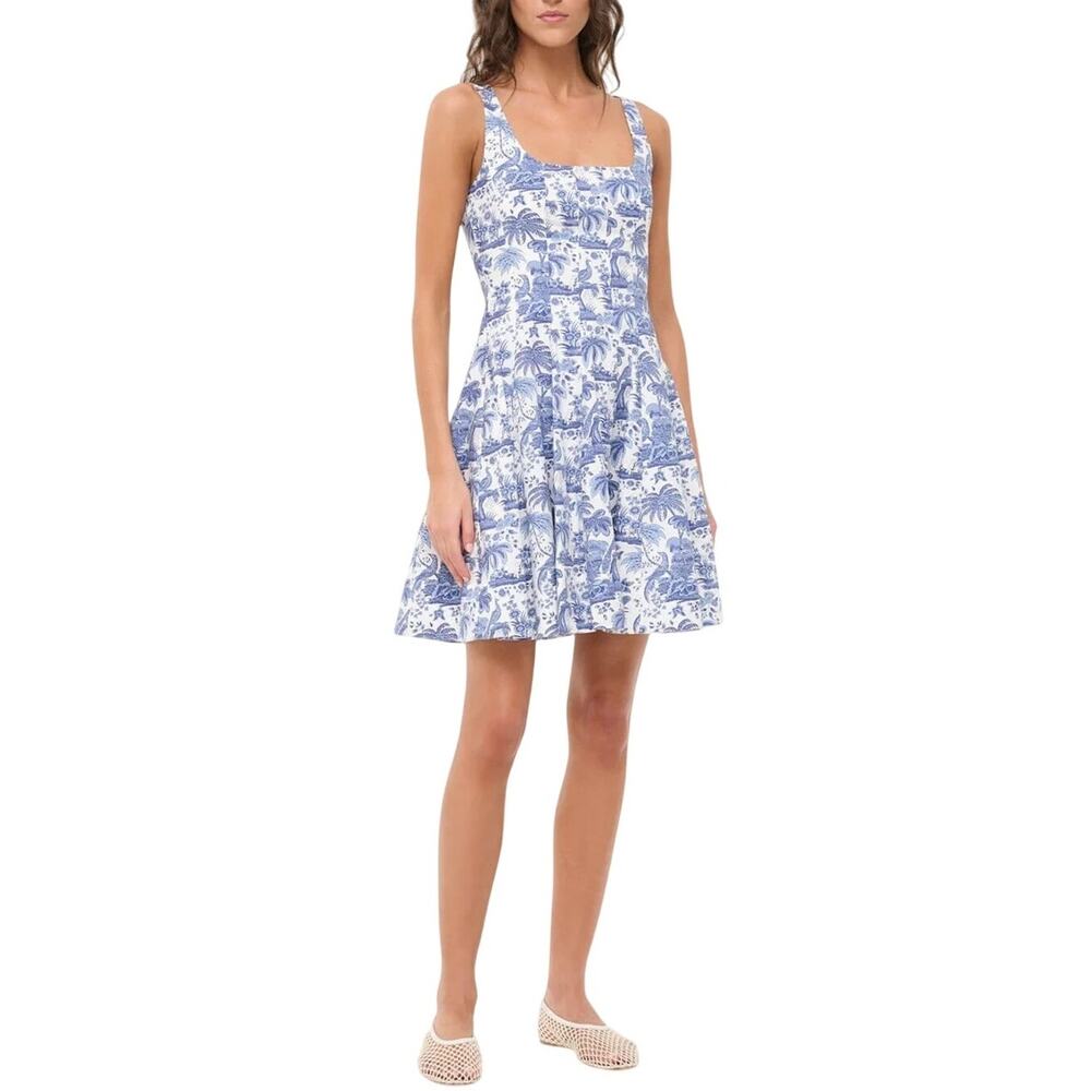 STAUD Blue and White Toile A-Line Sundress